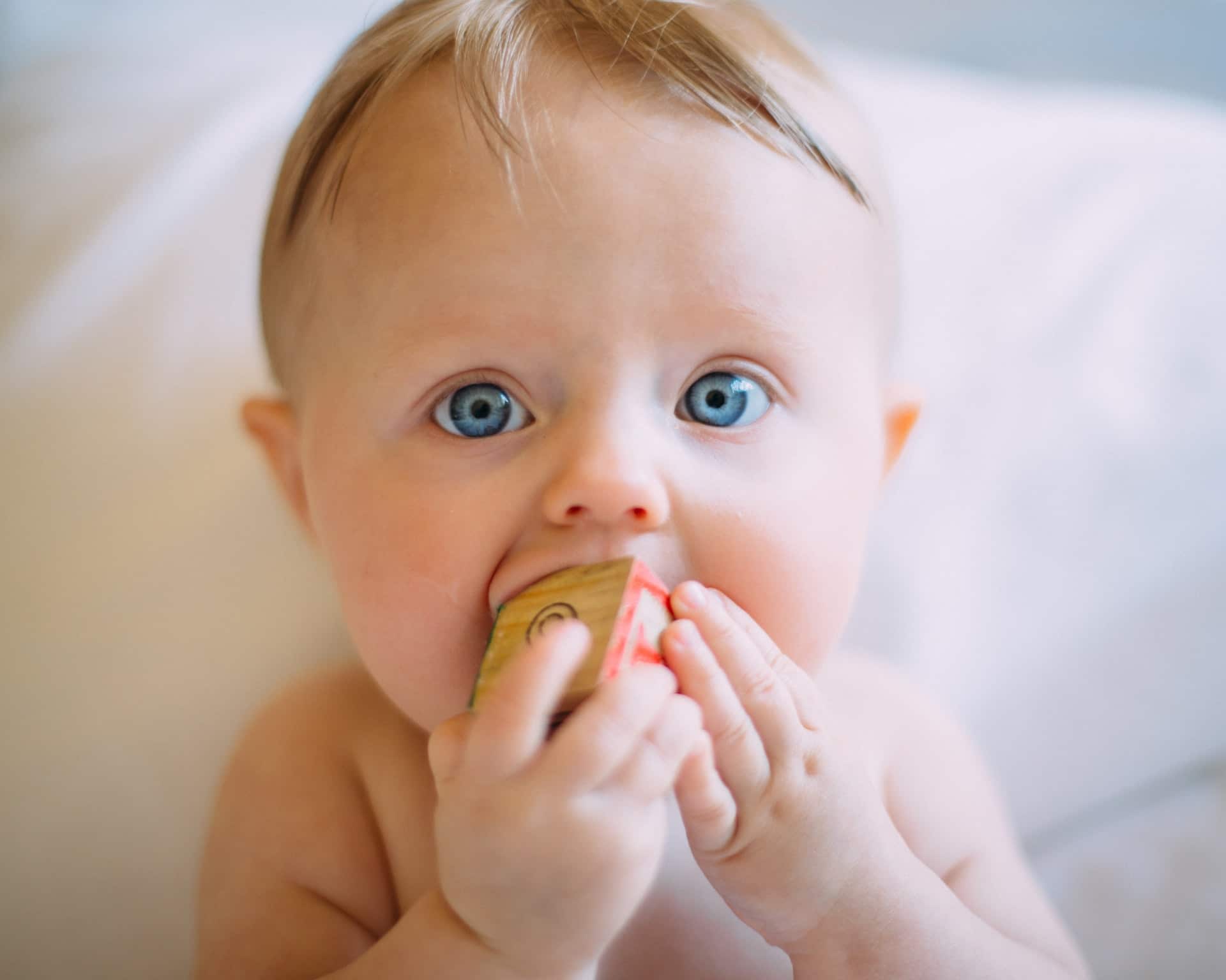 Baby dental care - baby with toy held to/near the mouth.